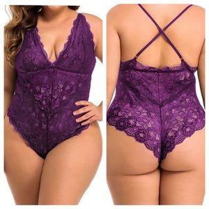 Women Plus Size Lace Purple Bodysuit Teddy Lingerie One Piece Babydoll